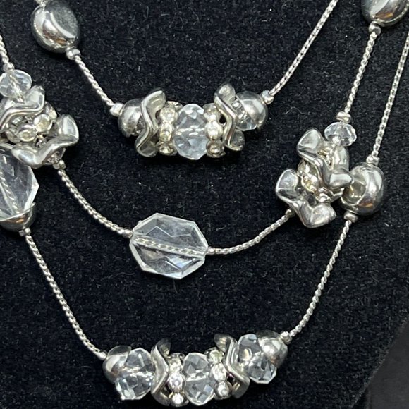 Chico's Triple Strand Silver Tone And Clear Beaded Necklace (4260) - Picture 3 of 5